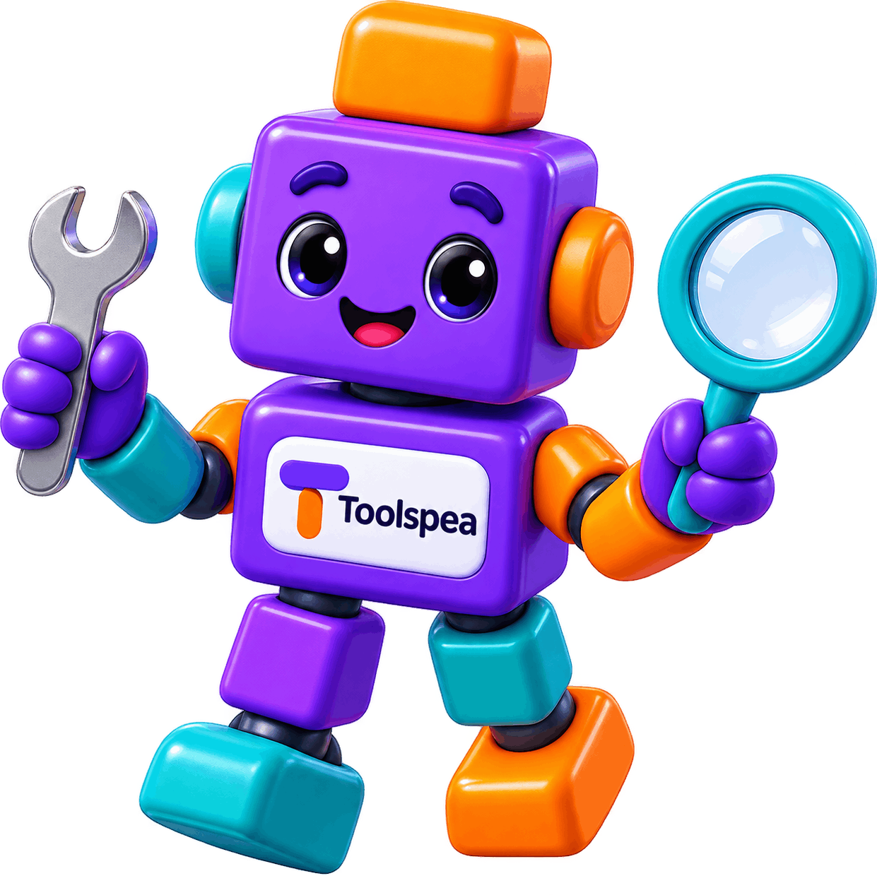 Toolspea robot mascot holding a wrench and a magnifying glass